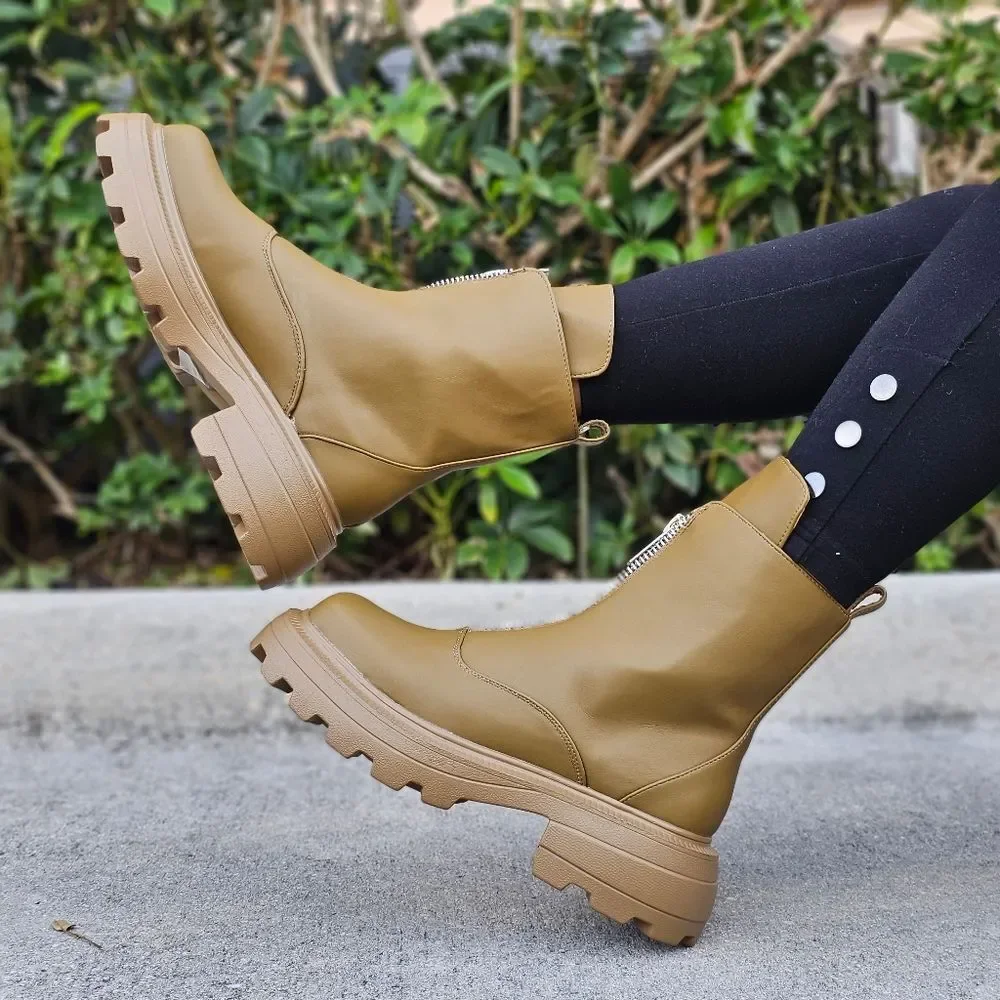 Womens Platform Combat Ankle Boots Olive Color - Picture 4 of 5
